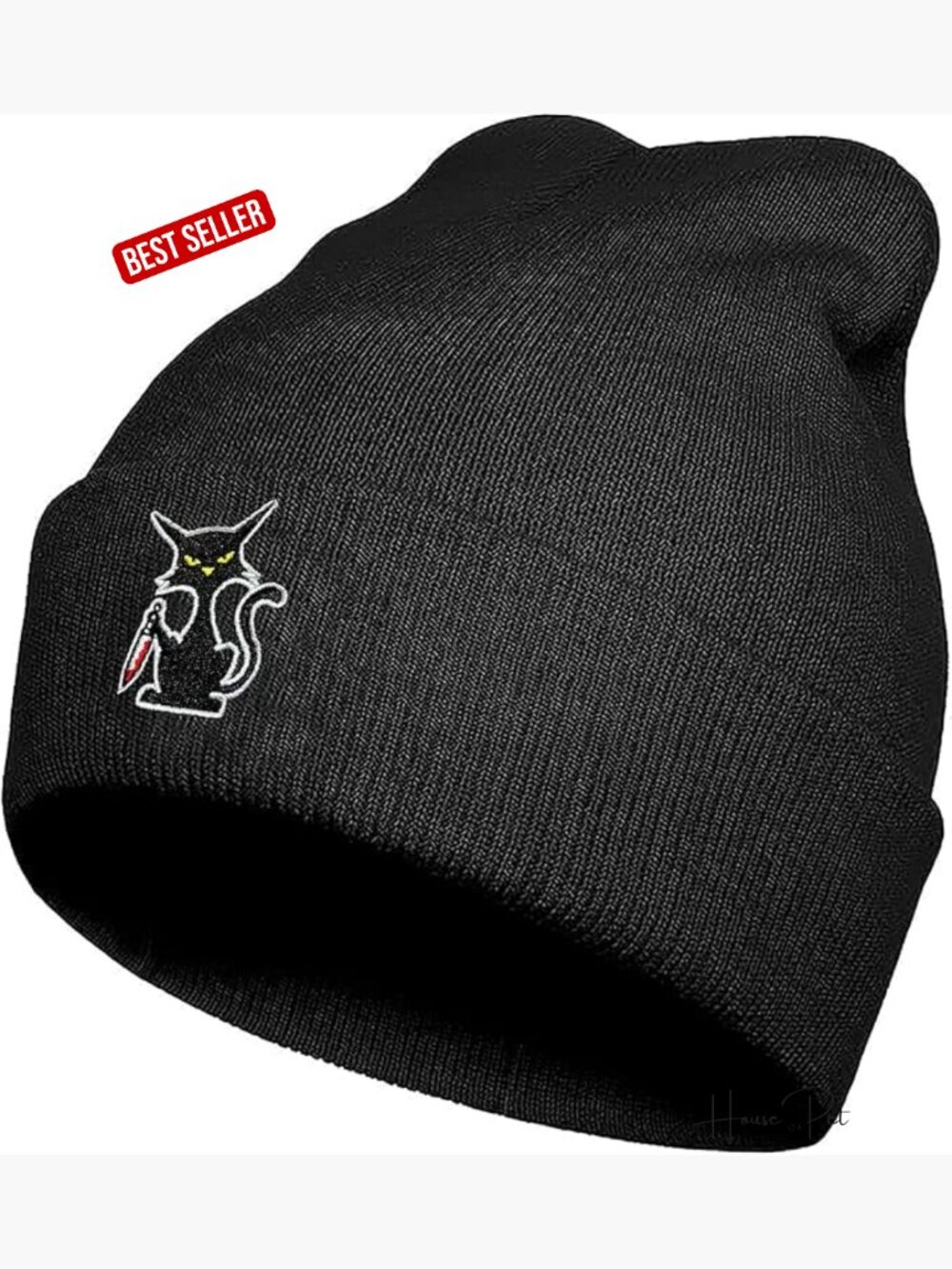 Embroidered Beanie - Winter Knit Hat - Funny Cat Design